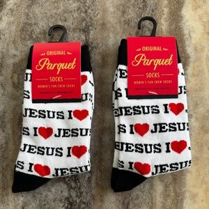 NWT-Set of 2 Pairs Women Socks, Sz 9-11, I Love Jesus Theme, Christian- Parquet
